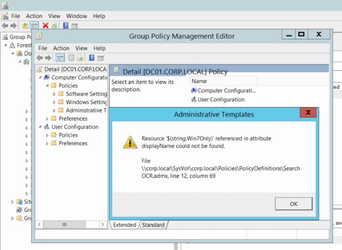 Ресурс '$(string.Win7Only)', указанный в атрибуте displayName, не найден. Файл \corp.local\SysVol\corp.local\Policies\PolicyDefinitions\SearchOCR.admx, строка 12, столбец 69